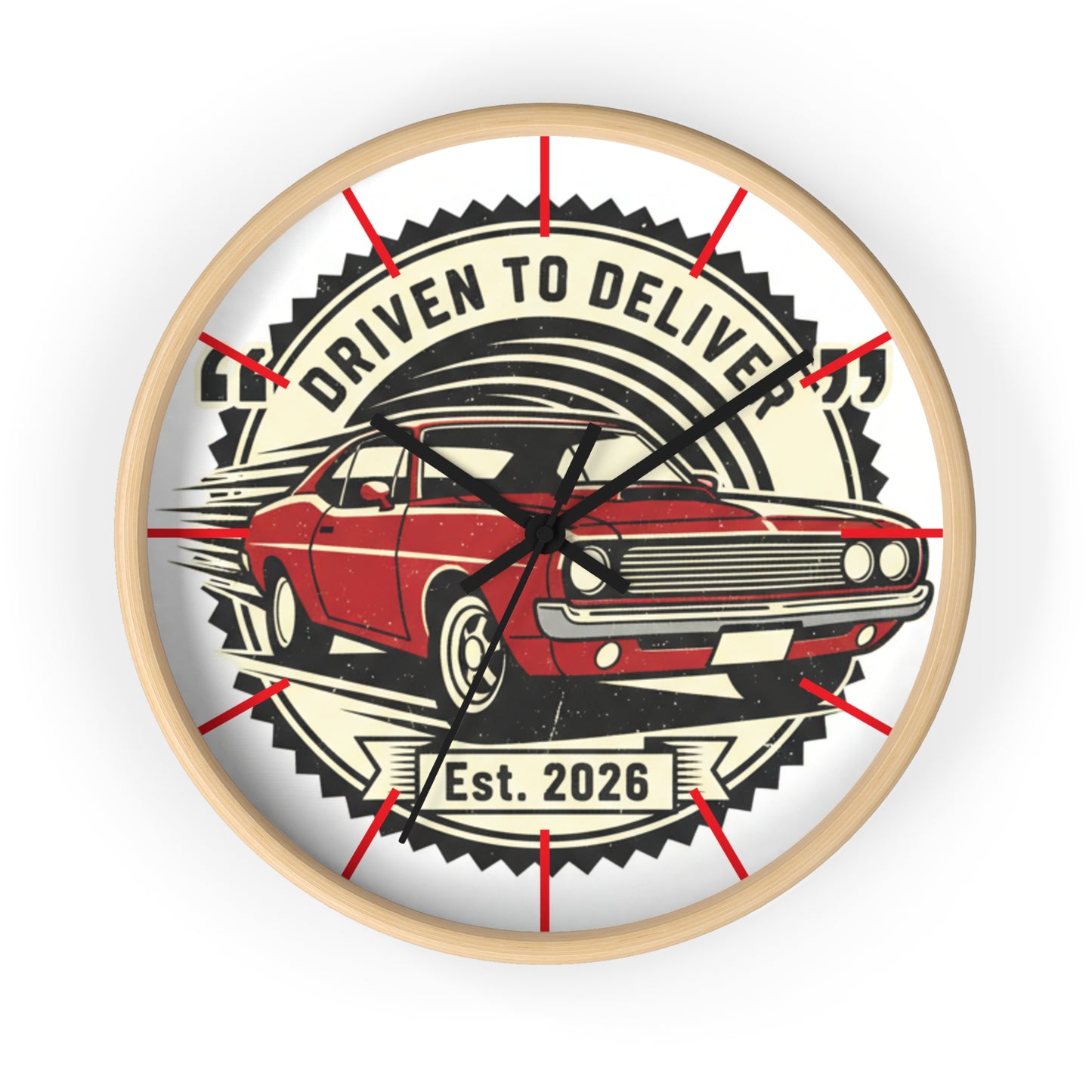 Wall clock with a red car design and 'Driven to Deliver' text on a white background
