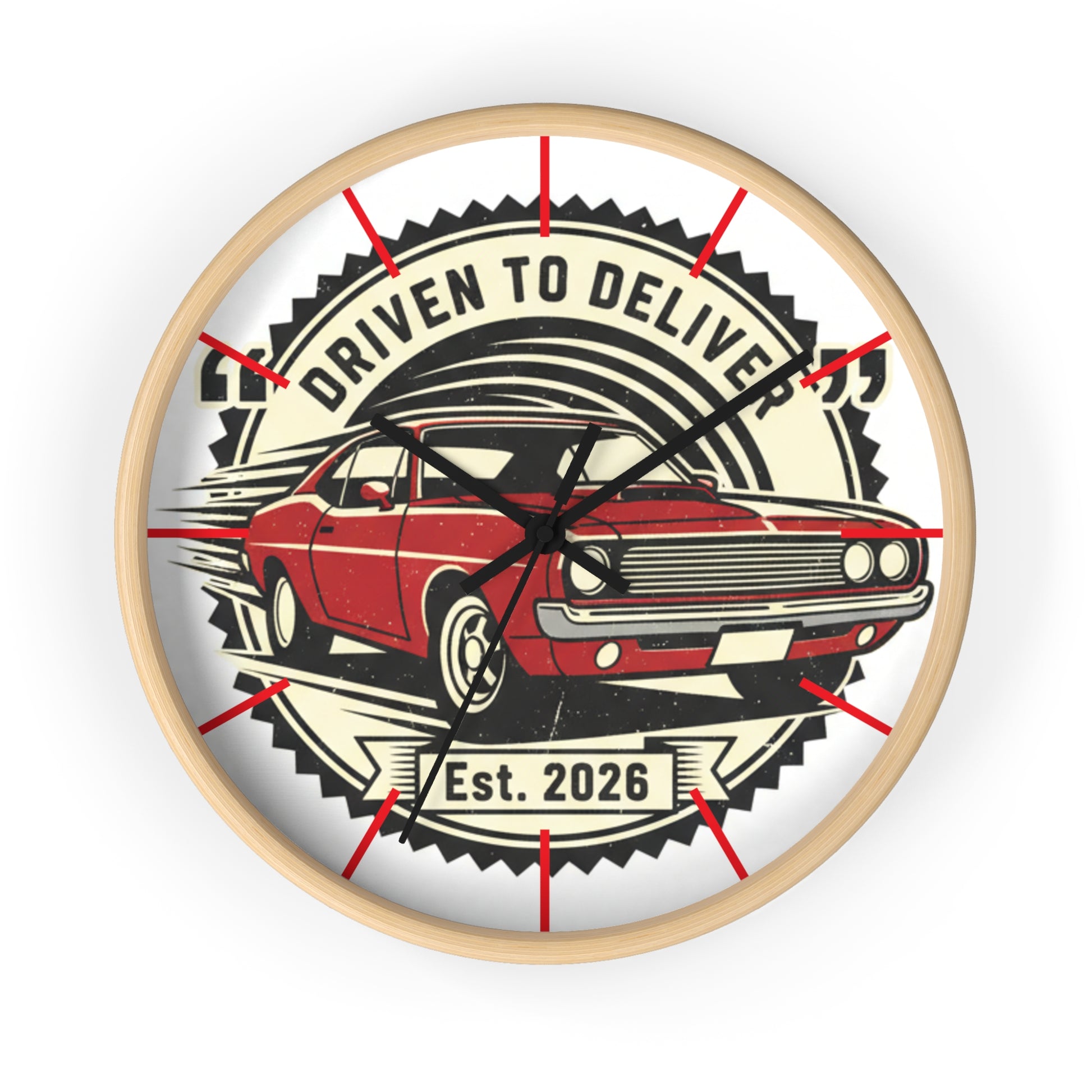 Wall clock with a red car design and 'Driven to Deliver' text on a white background