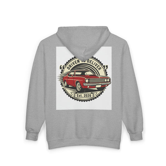 Gray hoodie with a red car graphic and text on the back against a white background