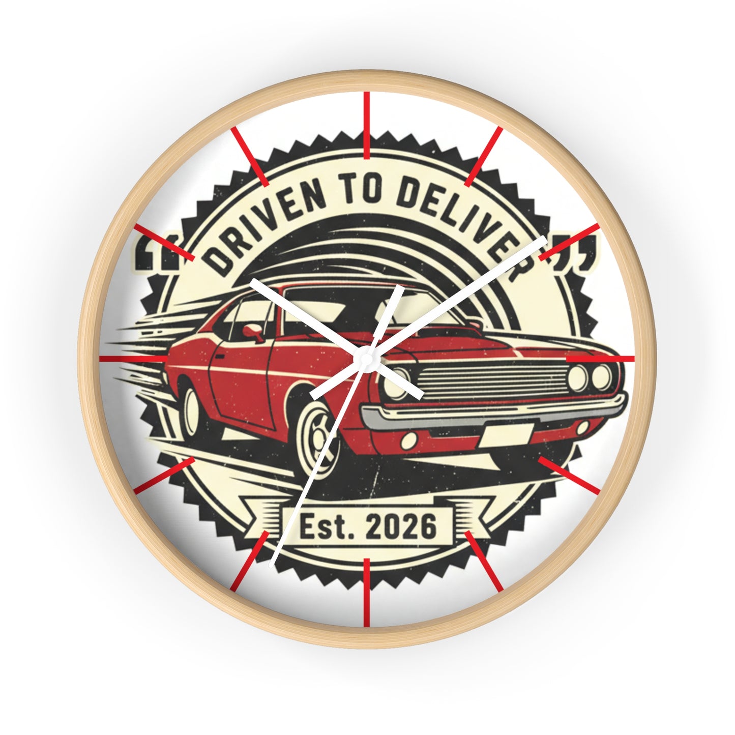 Wall clock with a red car design and text 'Driven to Deliver Est. 2026' on a white background