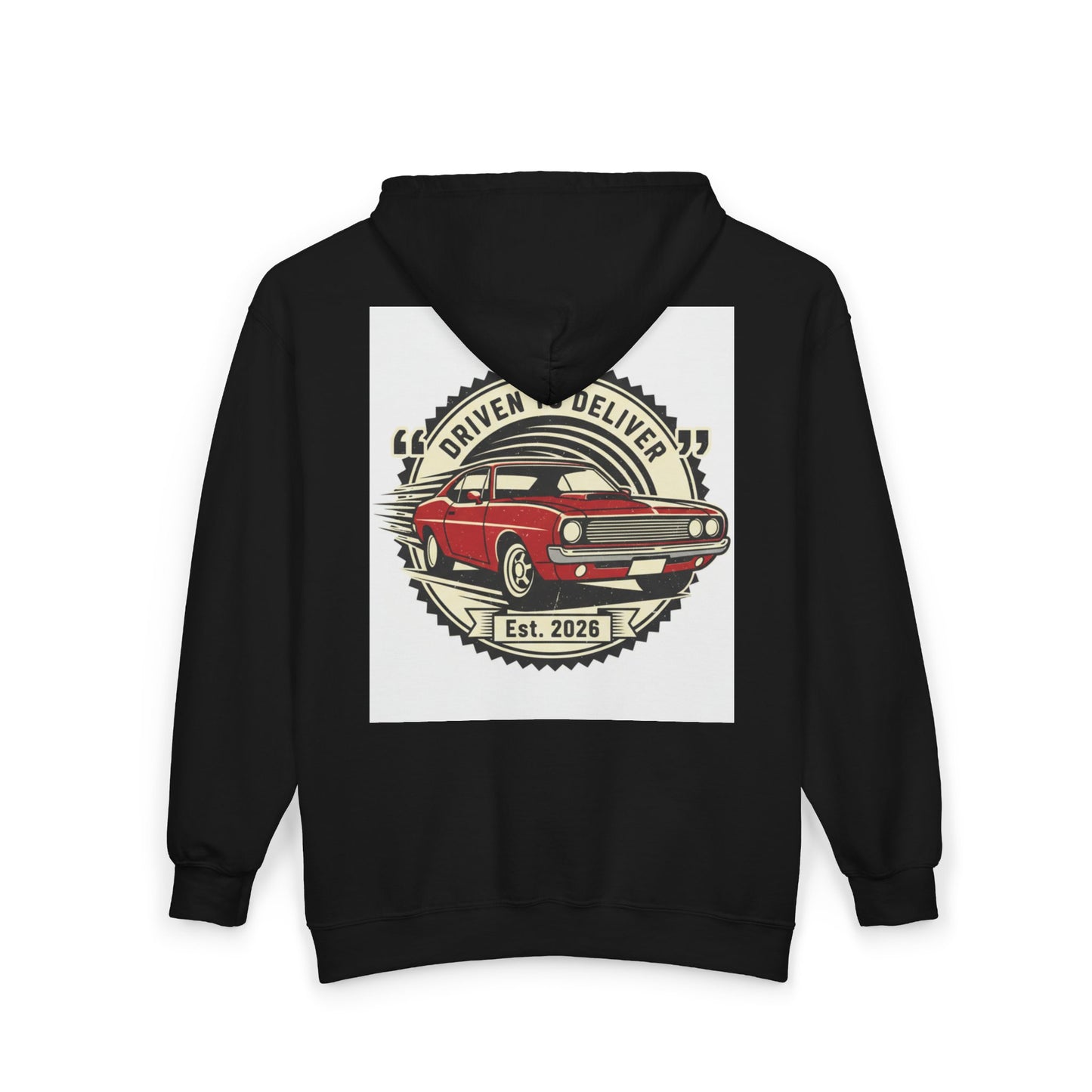 Black hoodie with a graphic of a red car on the back, displayed on a white background.