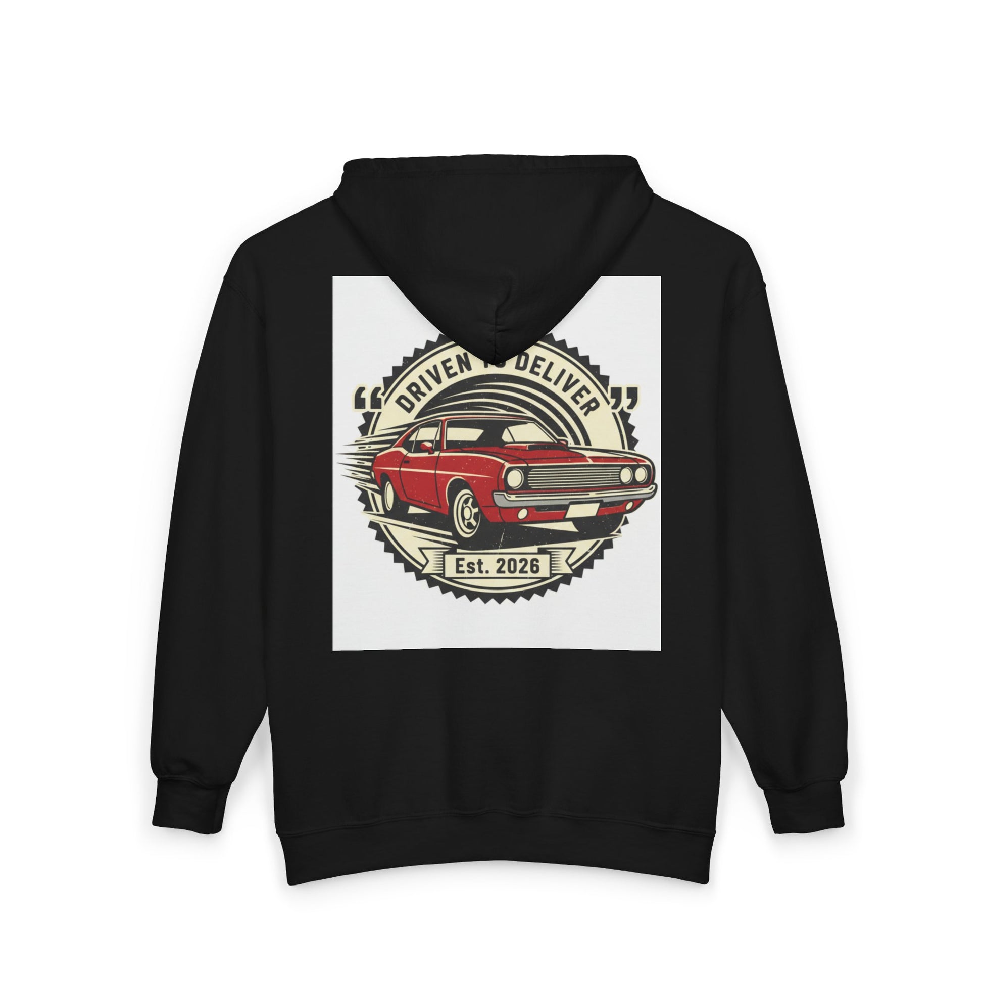 Black hoodie with a graphic of a red car on the back, displayed on a white background.