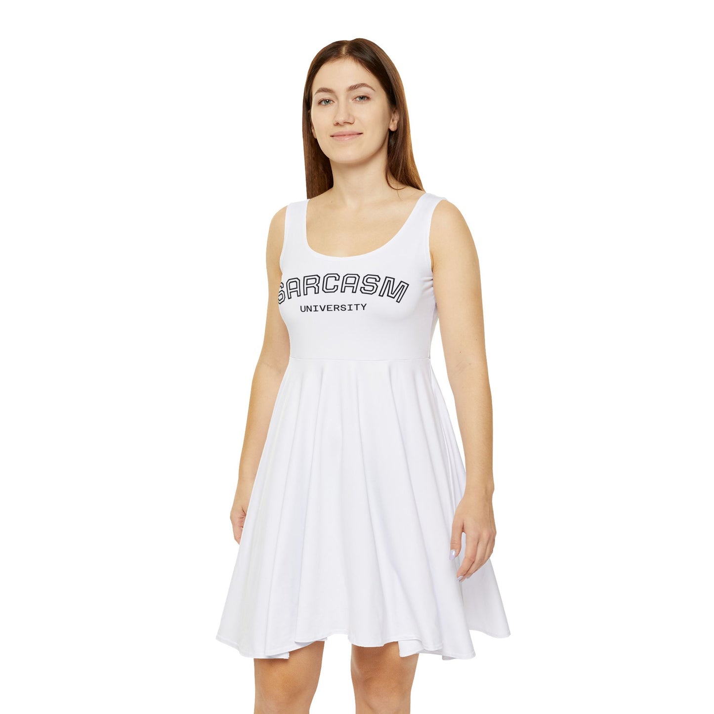 Woman wearing a white sleeveless dress with text on a white background